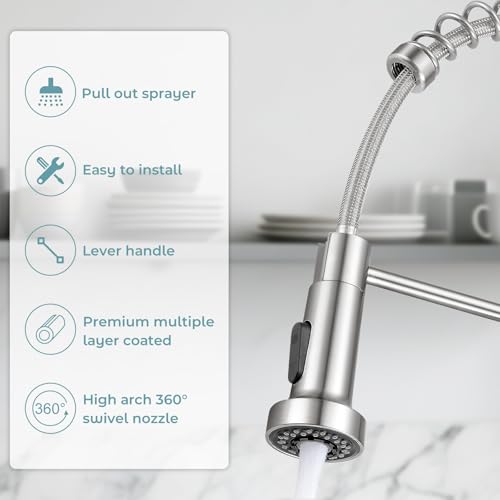 KHQF Brushed Nickel Kitchen Faucet with Pull Down Sprayer, Standard Model with Deck Plate