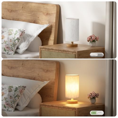 Fenmzee 9-Inch Cream Shade Wood Base Table Lamp with Inline Control and 3000K Bulb