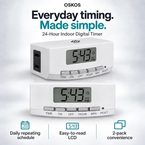 OSKOS 2-Pack Indoor Digital Timer with Large Screen & Polarized Plug, 15A/1875W