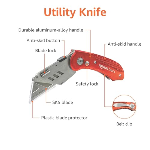 Amazon Basics Folding Utility Knife with Lock-Back Mechanism, Lightweight Aluminum Handle