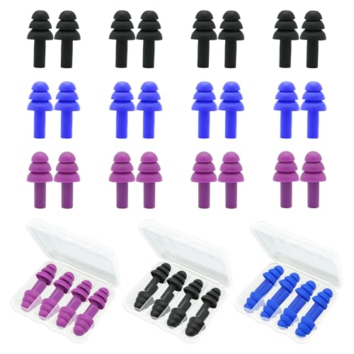 Ear Plugs for Sleeping,12 Pair Earplugs Noise Canceling Soft Silicone Ear Plug Reusable Earplugs for Sleep,Concert,Swimming,Study,Loud Noise,Snoring(Black Blue Purple)
