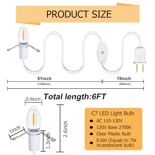 NETEHA 2 Pack 6ft White C7 LED Bulb Holiday Decorative Light Cord