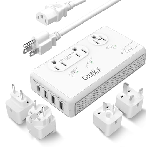 Beige Ceptics 220V to 110V Travel Voltage Converter with USB-C PD 18W, 4 USB Ports, 2000W & 2x 200W Outlets