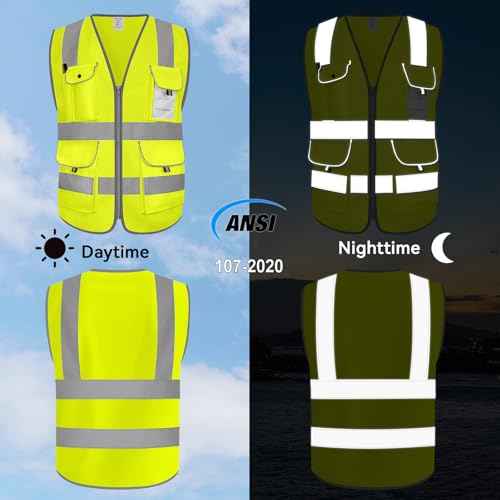 9 Pockets Full Zip Safety Vest, Class 2 High Visibility Work Vest for Construction, Utility Workers, Meets ANSI/ISEA Standard, Yellow, Large