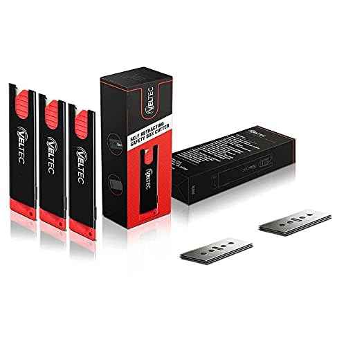 Veltec Auto Retractable Safety Utility Box Cutters, 3 Pack Cutters with 10 Extra Blades (VC800)