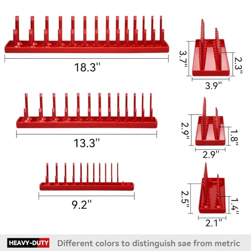 6PCS Socket Organizer Tray Set, Red SAE & Black Metric Socket Storage Trays, 1/4-Inch, 3/8-Inch & 1/2-Inch Drive Deep and Shallow Socket Holders for Toolboxes