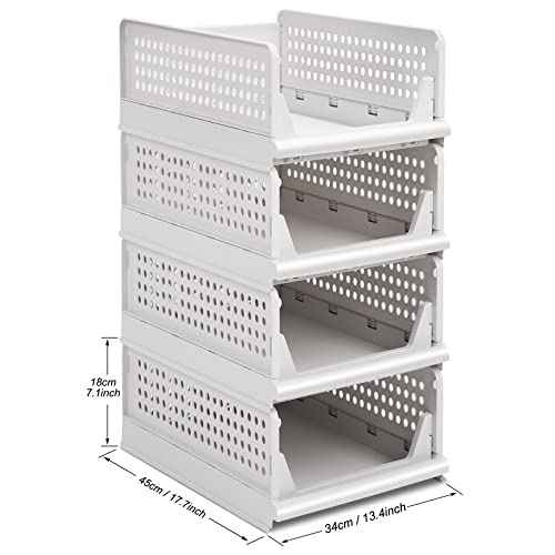 Phyllia 4 Pack Closet Organizers Stackable Storage Bins, Plastic Collapsible Drawer Basket for Kitchen Cabinets, Pantry, Offices, Bedrooms, Bathrooms,White