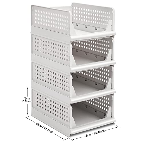Phyllia 4 Pack Closet Organizers Stackable Storage Bins, Plastic Collapsible Drawer Basket for Kitchen Cabinets, Pantry, Offices, Bedrooms, Bathrooms,White