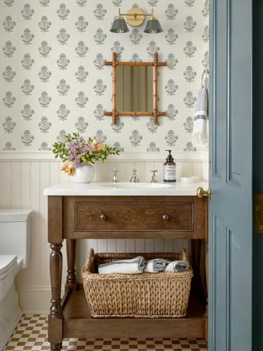 Heroad Blue & Beige Floral Peel and Stick Wallpaper, Cottage Linen Texture, 17.3"x78.7" - Renter Friendly Contact Paper for Walls & Cabinets