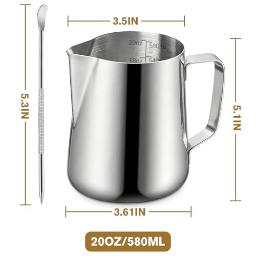 Milk Frothing Pitcher 600ml Stainless Steel Cup with Latte Art Pen, UMUACCAN Silver 20.29 oz