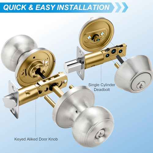 3 Pack Entry Door Lock and Single Cylinder Deadbolt Combo Set, Keyed Alike Satin Nickel Exterior Door Knobs with Lock&Keys, Round Ball Door Locksets with Deadbolt for Entrance and Front Door