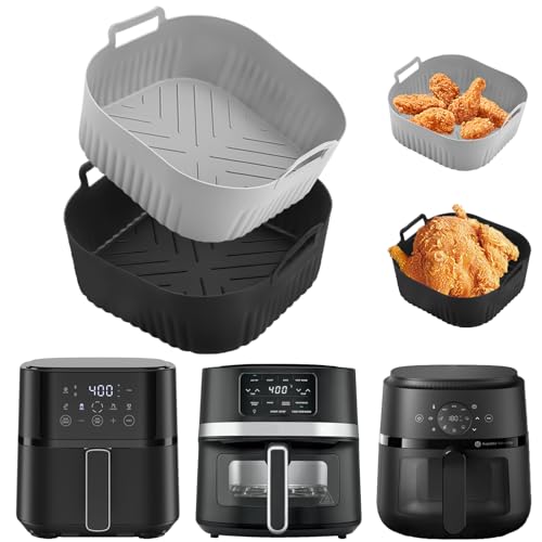 Lyholkeer 2Pcs Silicone Air Fryer Liners 7.8in For 4-4.5QT Grey+Black (With Dual Handles)
