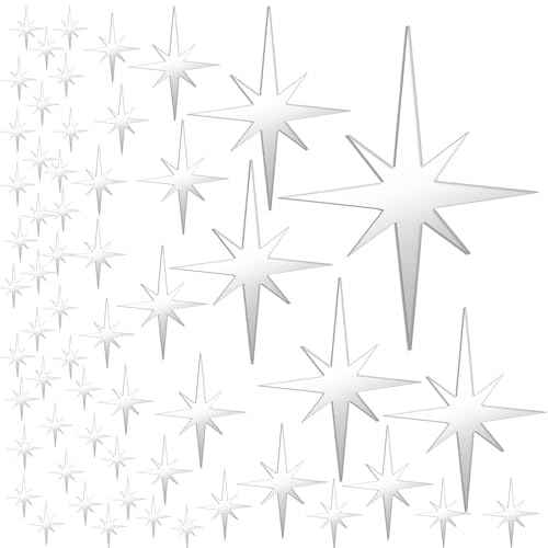 Star Mirror Wall Stickers, 82 Pcs Acrylic Starburst Mirror Wall Decor Removable Silver Star Decals 5 Sizes 3D Star Wall Art Decorative Decal for Home Wall Living Room Bedroom Decor(Silver)