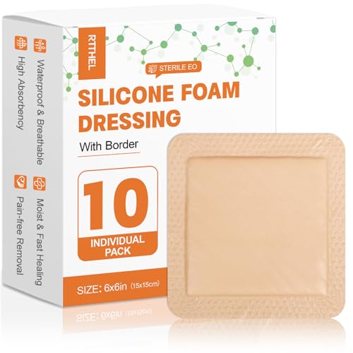 Silicone Foam Wound Dressing 6x6 Inch - 10 Pack, Gentle Border, Waterproof & Absorbent