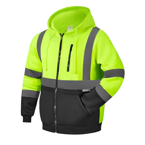 HYCOPROT High Visibility Safety Hoodie Hi Vis Safety Sweatshirts Fleece Reflective Work Jacket for Men Women ANSI Class 3