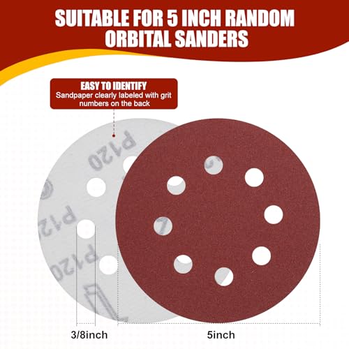 70 PCS 5 Inch Sanding Discs, 40 80 120 180 240 320 400 600 800 Grit Hook and Loop Sandpaper for Random Orbital Sander