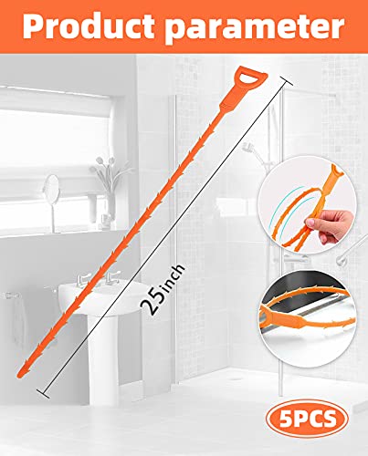 5 Pack 25 Inch Drain Clog Remover Tools - Flexible Hair & Pipe Snake for Kitchen, Bathroom & Sewer Cleaning