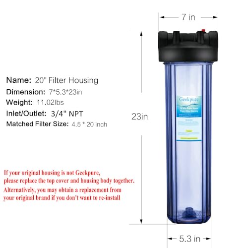 20 Inch Clear Water Filter Housing for Whole House - 4.5 Inch Diameter, 3/4
