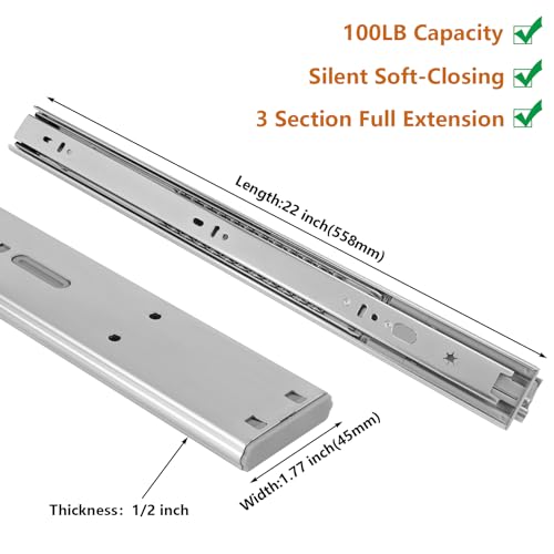 LONTAN 10 Pairs Silver Soft Close Drawer Slides 22 Inch Heavy Duty Cabinet Rails