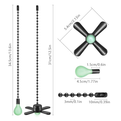 Dotlite 2 Pack Black Ceiling Fan Pull Chain Extension Set Glow in The Dark - Easy to Install