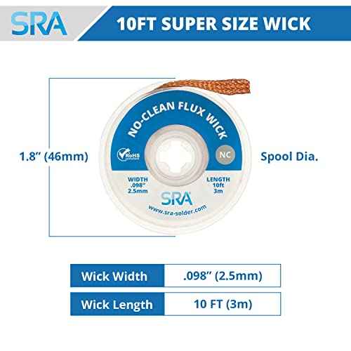 SRA Soldering Wick with Flat Woven Copper Desoldering Braid Strip and No Clean Flux for Easy Damage-Free Solder Removal - 3 Pack 10 Foot Solder Wick Spool
