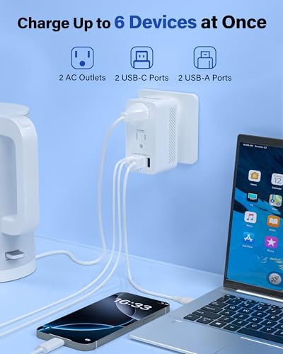 VASAIKO White Travel Voltage Converter US to Europe with 2 USB-C & 2 USB-A Ports, UK/AU/US/IT/European Plugs
