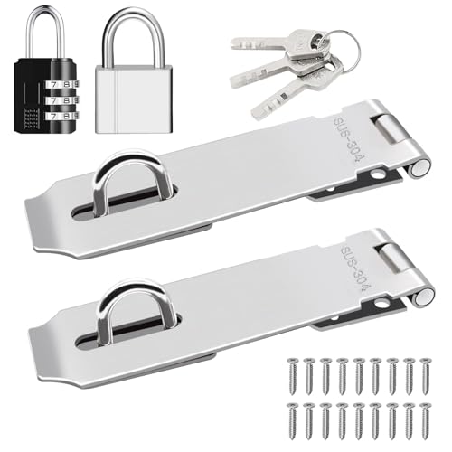 Tnisesm 2 Pack Door Hasp Latch Lock with Combination Lock&Keys Lock, 5 Inch 304 Stainless Steel Safety Packlock Clasp Hasp Lock Latch Extra Thick Gate Lock Hasp with Screws Brushed Finish