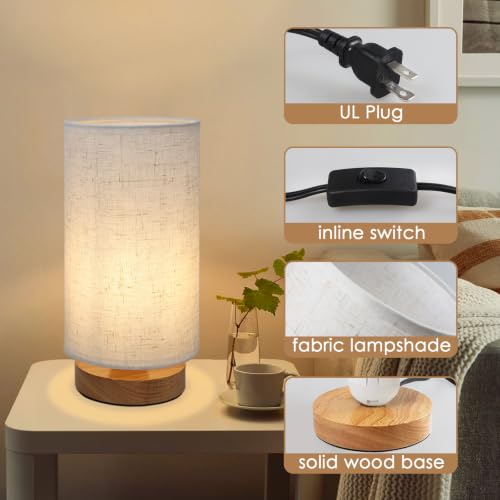 SEENSINY Small Bedside Table Lamp with Wood Base, Round Set of 1, Warm White, E26 LED Bulb Included