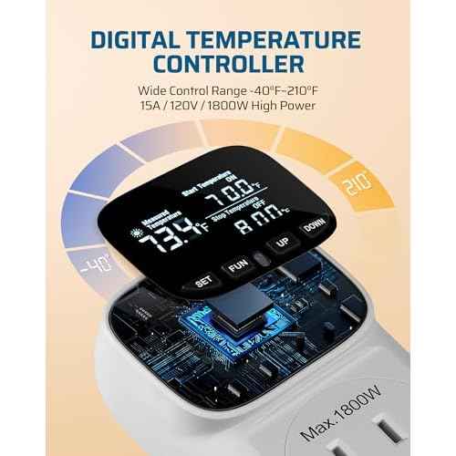 DEWENWILS Digital Temperature Controller, Heavy Duty 15A/1800W Thermostat Outlet Plug, VA Display Heating Cooling Control Timer, -40¢µ~210¢µ, Cyclic Timing/Countdown, for Greenhouse Incubator Homebrew