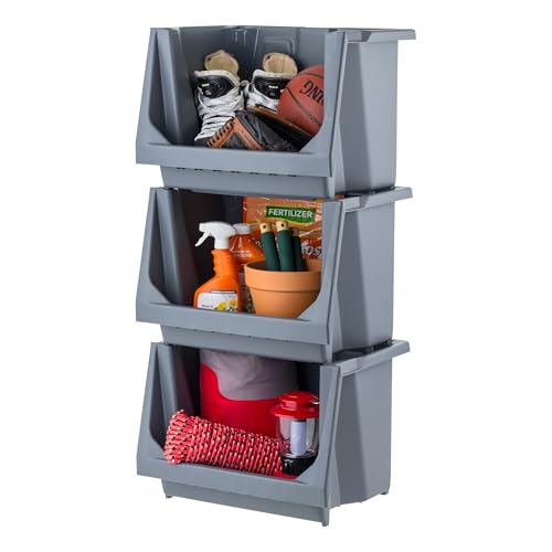 IRIS USA 3 Pack Large Open Front Storage Bins - Grey, Heavy Duty Stackable