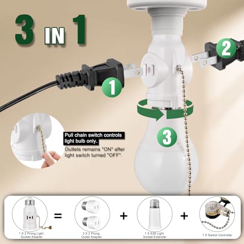 2-Pack E26 Light Socket Adapter with Pull Chain Switch - Converts Medium Screw to Dual Outlets, UL Listed, White