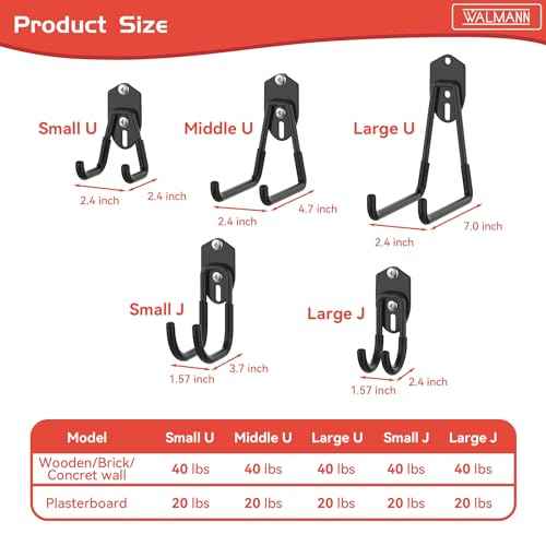 WALMANN 12 PCS Garage Storage Hooks, Wall Mount Utility Hooks for Tools, Ladders, Cords, Folding Chairs, Shovels and Rakes, Shelving Hooks for Keyhole Shelving Units(Black)