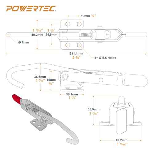 POWERTEC 2PK J Hook Toggle Clamp, 375 lbs Holding Capacity, 451 Adjustable Pull Action Latch for Smoker, Tool Box, Woodworking Jigs and Fixtures, Cabinet, Lids, Door, Truck (20308-PV2)
