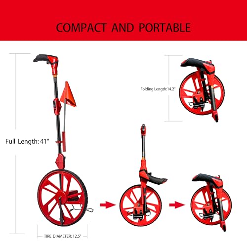 JIZHGRAD Distance Measuring Wheel with 12.5” Wheel, Red Mechanical, 9999.9 Ft, Flags & Carry Bag