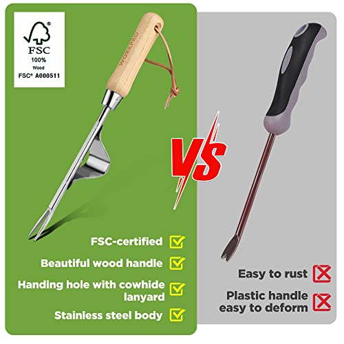 WORKPRO Weed Puller Tool, Metal Leverage Base and V-Shaped Forks for Easy Weed Removal & Deeper Root Digging, Heavy Duty Stainless Steel with Wood Handle, Manual Hand Weeder for Gardening