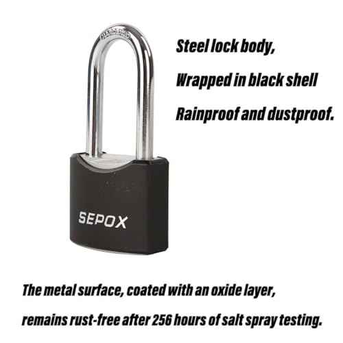 SEPOX¢ç Twins 1-9/16" All-Weather Outdoor Padlocks Keyed Alike, Long Shackle, Solid Steel Lock, Heavy-Duty with Black Cover, Design for Gate Fence Cabinet Toolbox School Gym Locker with 2pcs Same Key