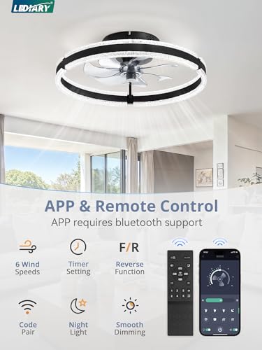 LEDIARY 20-Inch Black Ceiling Fan with Lights, Remote & 6 Speeds - Modern Flush Mount Fan for Bedroom