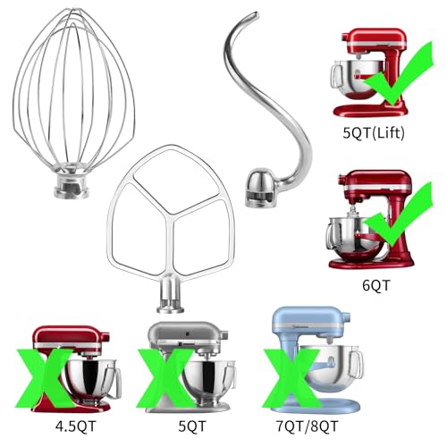 Stainless Steel 3-Piece KitchenAid Mixer Attachment Set with Whisk, Dough Hook & Flat Beater (Fits 5 Plus/6 Qt)