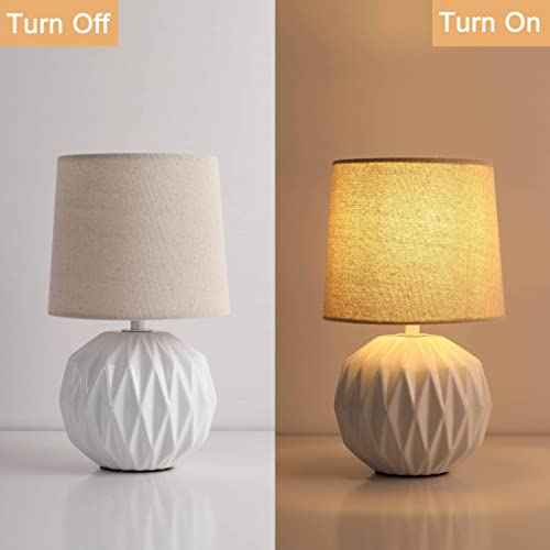 Somniferous Ceramic Bedroom Table Lamps Set of 2, Small Bedside Lamp, White Lamp with Linen Shade, Mid Century Modern Nightstand Lamp for Bedroom Living Room Office, 7W LED Bulb Included