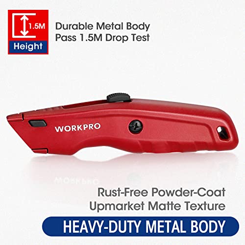 WORKPRO Red Utility Knife with Retractable Blade, Heavy Duty Box Cutter, 10 Extra Blades