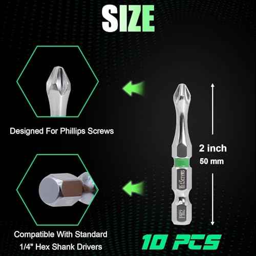Magnetic Screwdriver Bits PH2, 2" Impact Driver Bits #2, S2 Steel Chrome Finish Phillips Bits For Impact Driver, Home Improvement & DIY - 10 Pack