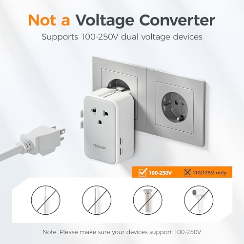 TESSAN Grey Universal Travel Adapter 25W with USB-C & 5-in-1 Power, Ultra Thin