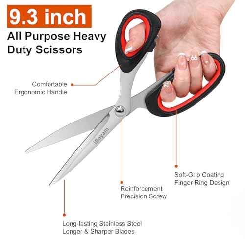 iBayam Scissors All Purpose, 9.3 Inch Scissors Heavy Duty Stainless Steel Shears for Home Household Cutting Fabric Leather, Sewing Shears, Paper Box Cutter, Package Opener, Hand Cutting Tools