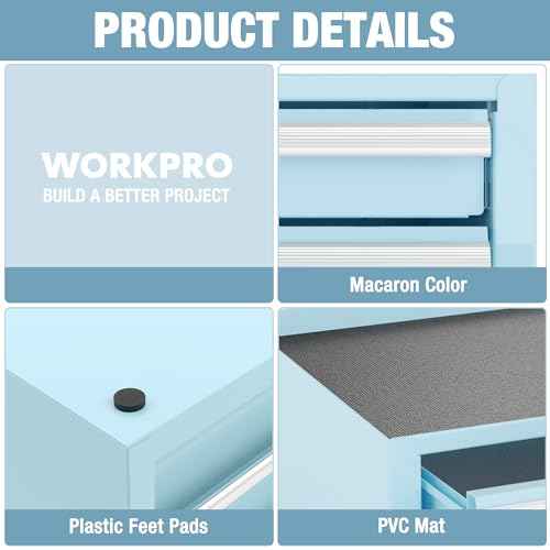 WORKPRO 12.5" Mini Tool Box with 2 Drawers & 1 Open Top Storage, Small Metal Tool Chest with PVC Liners & PP Feet Pads, Cold Rolled Steel Toolbox with Drawer Liners & Magnetic Tabs
