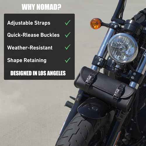 Nomad Motorcycle Tool Bag?Universal Handlebar Leather Pouch?Waterproof Cruiser Biker Roll Bag Front Fork or Saddlebag Storage (Black)