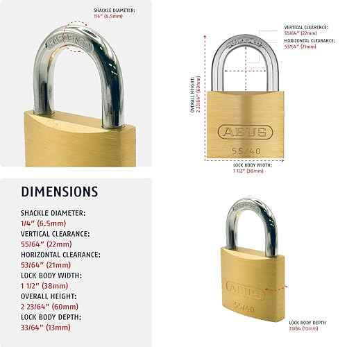 ABUS 55/40 Solid Brass Padlock with 2 Keys for School, Gym, Cabinet 1 1/2in (40mm) Wide, Keyed Different