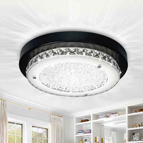 Black Flush Mount Ceiling Light Fixture Crystal LED Bathroom Dimmable Hallway Light Fixtures Ceiling 11" Bedroom Lights for Ceiling
