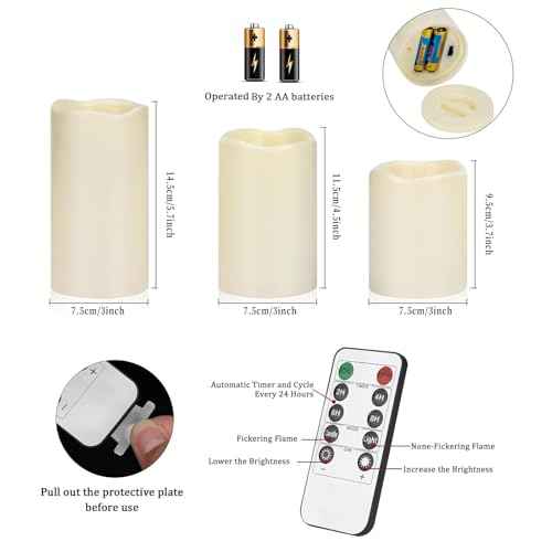 Flameless Candles 4" 5" 6" Set of 3 Ivory Outdoor Indoor Pillars 3" Diameter Battery Operated Flickering Candles Include 10-Key Remote Timer Function 400+ Hours Requires 2 AA Batteries