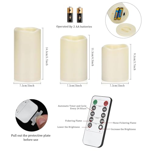 Artmarry Flameless Candles 3-Piece Set 4, 5, 6 Inch Ivory Battery Operated with Remote