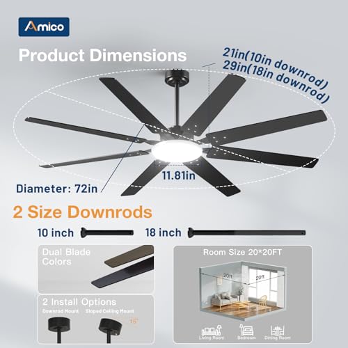 Amico 72-Inch Black Ceiling Fan with Lights and Remote Control